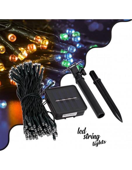 85809 Διακοσμητική Γιρλάντα 10 Μέτρων με Controller 8 Προγραμμάτων Φωτισμού - 100 LED 4W με Ενσωματωμένη Μπαταρία 600mAh - Φωτοβολταϊκό Πάνελ - Αισθητήρα Ημέρας-Νύχτας - Βάση Κήπου & Σκούρο Πράσινο Καλώδιο Αδιάβροχη IP65 Πολύχρωμη RGB Μ10m