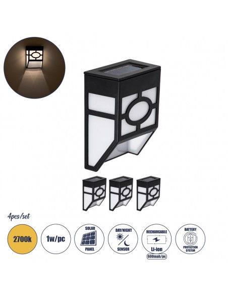 GloboStar® 85707 ΣΕΤ 4 Τεμαχίων Αυτόνομα Ηλιακά Φωτιστικά Τοίχου Μαύρα-Λευκά LED SMD 1W 100lm με Ενσωματωμένη Μπαταρία 600mAh - Φωτοβολταϊκό Πάνελ με Αισθητήρα Ημέρας-Νύχτας Αδιάβροχα IP65 Θερμό Λευκό 3000K