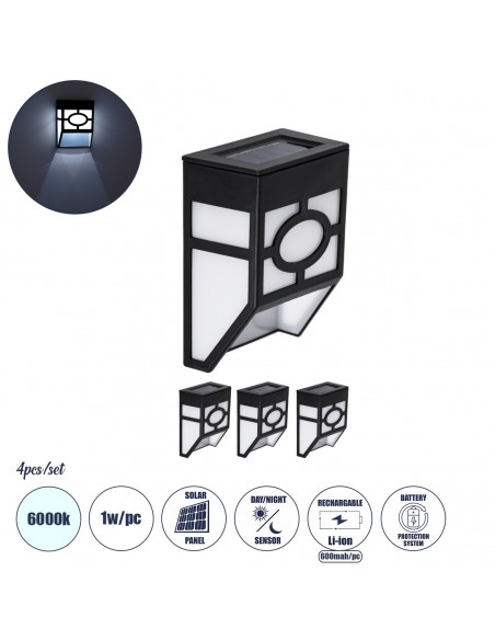 GloboStar® 85708 ΣΕΤ 4 Τεμαχίων Αυτόνομα Ηλιακά Φωτιστικά Τοίχου Μαύρα-Λευκά LED SMD 1W 100lm με Ενσωματωμένη Μπαταρία 600mAh - Φωτοβολταϊκό Πάνελ με Αισθητήρα Ημέρας-Νύχτας Αδιάβροχα IP65 Ψυχρό Λευκό 6000K