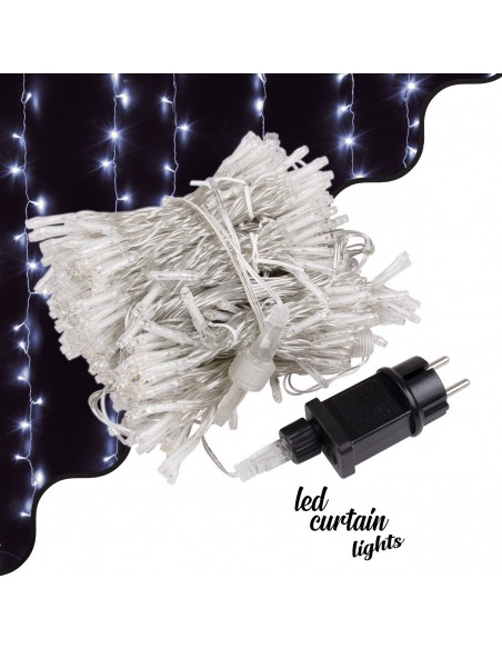 85831 Διακοσμητική Κουρτίνα 6 x 3 Μέτρα με Controller 8 Προγραμμάτων Εναλλαγών Φωτισμού - Επεκτεινόμενη 600 LED 6W AC 230V με Διάφανο Καλώδιο & Πρίζα Schuko Αδιάβροχη IP44 Ψυχρό Λευκό 6000K Μ6 x Υ3m