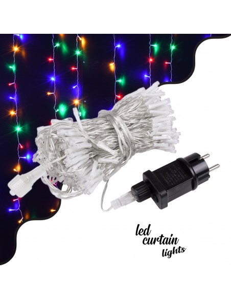 85829 Διακοσμητική Κουρτίνα 3 x 3 Μέτρα με Controller 8 Προγραμμάτων Φωτισμού - Επεκτεινόμενη 300 LED 3.6W AC 230V με Διάφανο Καλώδιο & Πρίζα Schuko Αδιάβροχη IP44 Πολύχρωμο RGB Μ3 x Υ3m
