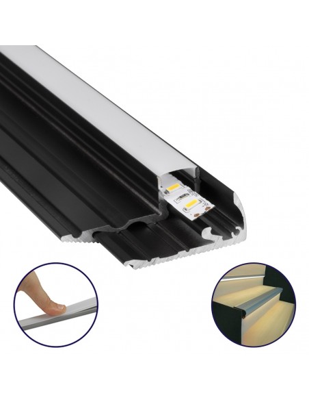 GloboStar® STAIR-PROFILE 70841-1M Προφίλ Αλουμινίου - Βάση & Ψύκτρα Ταινίας LED με Λευκό Γαλακτερό Κάλυμμα - Χρήση σε Σκαλοπάτια - Πατητό Κάλυμμα - Μαύρο - 1 Μέτρο - Μ100 x Π6 x Υ2.1cm