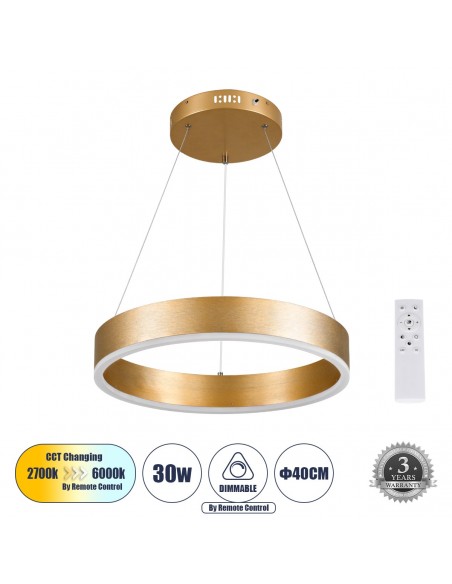 GloboStar® VENOM 61175 Κρεμαστό Φωτιστικό Δαχτυλίδι-Κύκλος LED CCT 30W 3513lm 120° AC 220-240V - Εναλλαγή Φωτισμού μέσω Τηλεχειριστηρίου All In One Ψυχρό 6000K+Φυσικό 4500K+Θερμό 2700K Dimmable Φ40cm - Χρυσό Βούρτσας - 3 Years Warranty