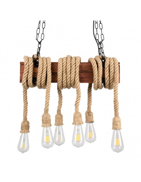 GloboStar® VIKING 00606 Vintage Κρεμαστό Φωτιστικό Οροφής Πολύφωτο 6 x E27 Σκούρο Καφέ Μεταλλικό Ξύλινο Ράγα Μ53 x Π11 x Υ96cm έως Y220cm max