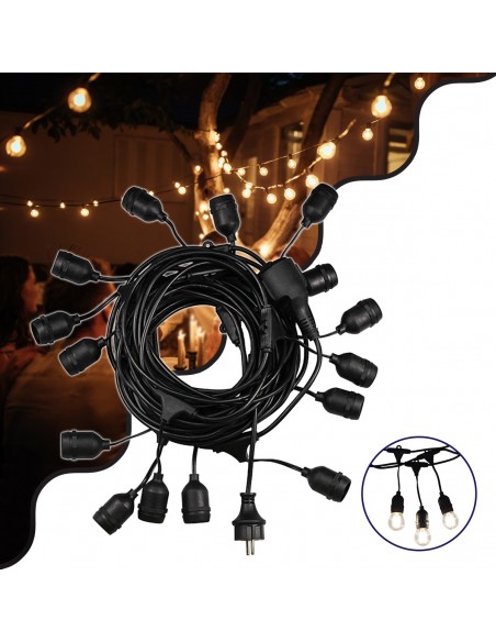 GloboStar® 78983 Καλωδιογιρλάντα PVC 10 Μέτρων με 15 Ντουί E27 με Πρίζα Schuko Επεκτεινόμενη Αδιάβροχη IP65