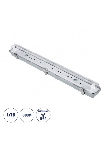 GloboStar® 90610 60cm Tri-Proof Πλαστικό PC Σκαφάκι με Μεταλλικά Clips για 1 x Λάμπες T8 Τύπου Φθορίου LED Τροφοδοσίας Ενός Άκρου Αδιάβροχο IP65