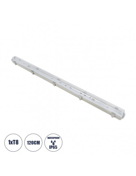 GloboStar® 90612 120cm Tri-Proof Πλαστικό PC Σκαφάκι με Μεταλλικά Clips για 1 x Λάμπες T8 Τύπου Φθορίου LED Τροφοδοσίας Ενός Άκρου Αδιάβροχο IP65
