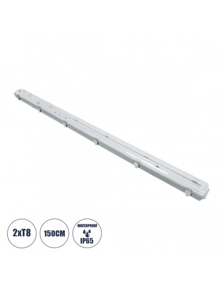 GloboStar® 90615 150cm Tri-Proof Πλαστικό PC Σκαφάκι με Μεταλλικά Clips για 2 x Λάμπες T8 Τύπου Φθορίου LED Τροφοδοσίας Ενός Άκρου Αδιάβροχο IP65