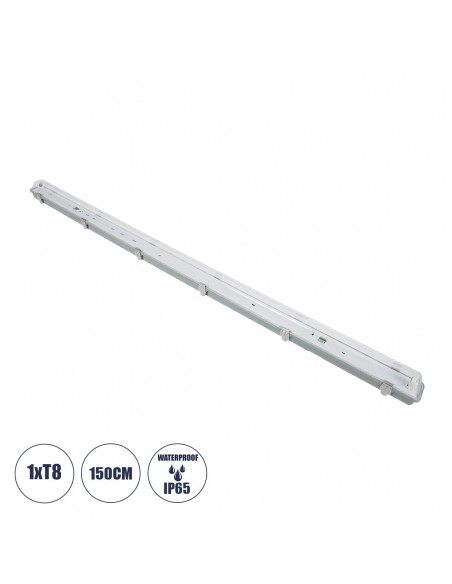 GloboStar® 90614 150cm Tri-Proof Πλαστικό PC Σκαφάκι με Μεταλλικά Clips για 1 x Λάμπες T8 Τύπου Φθορίου LED Τροφοδοσίας Ενός Άκρου Αδιάβροχο IP65