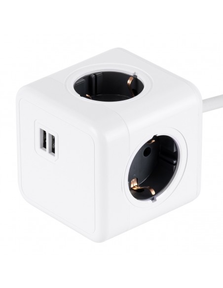 GloboStar® TRAVEL PowerCube PRO Certified 79639 Πολύπριζο 6 Θέσεων με 1.5m Kαλώδιο - 4 Πρίζες Ασφαλείας Childproof EU Schuko AC 220-240V & 2 Πρίζες USB Max 2.1A/DC 5V Μ7.5 x Π7.5 x Υ7.5 - Λευκό με Γκρι - Max Load 3680W/16A