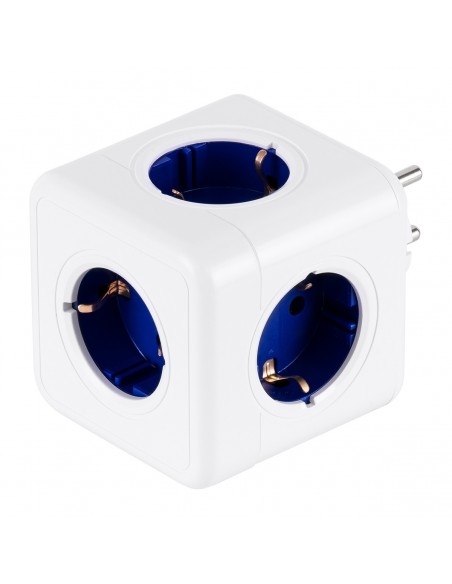 GloboStar® TRAVEL PowerCube PRO Certified 79629 Πολύπριζο 5 Θέσεων με 5 Πρίζες Ασφαλείας Childproof EU Schuko AC 220-240V Μ7.5 x Π11.5 x Υ7.5 - Λευκό με Μπλε - Max Load 3680W/16A