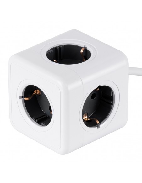 GloboStar® TRAVEL PowerCube PRO Certified 79644 Πολύπριζο 5 Θέσεων με 1.5m Kαλώδιο - 5 Πρίζες Ασφαλείας Childproof EU Schuko AC 220-240V Μ7.5 x Π7.5 x Υ7.5 - Λευκό με Γκρι - Max Load 3680W/16A