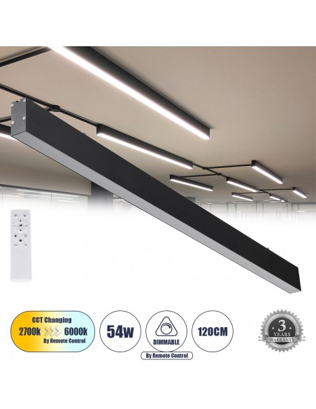 GloboStar® FELIX 61028-S Γραμμικό Φωτιστικό Οροφής Linear LED CCT 54W 6500lm 120° AC 220-240V Μ120 x Π3.5 x Υ7cm - Εναλλαγή Φωτισμού μέσω Τηλεχειριστηρίου All In One Ψυχρό 6000k+Φυσικό 4500k+Θερμό 2700k Dimmable - Μαύρο - 3 Years Warranty