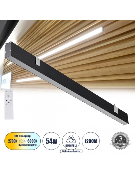 GloboStar® FELIX 61028-W Γραμμικό Φωτιστικό Τοίχου - Απλίκα Linear LED CCT 54W 6500lm 120° AC 220-240V Μ120 x Π3.5 x Υ7cm - Εναλλαγή Φωτισμού μέσω Τηλεχειριστηρίου All In One Ψυχρό 6000k+Φυσικό 4500k+Θερμό 2700k Dimmable - Μαύρο - 3 Years Warranty