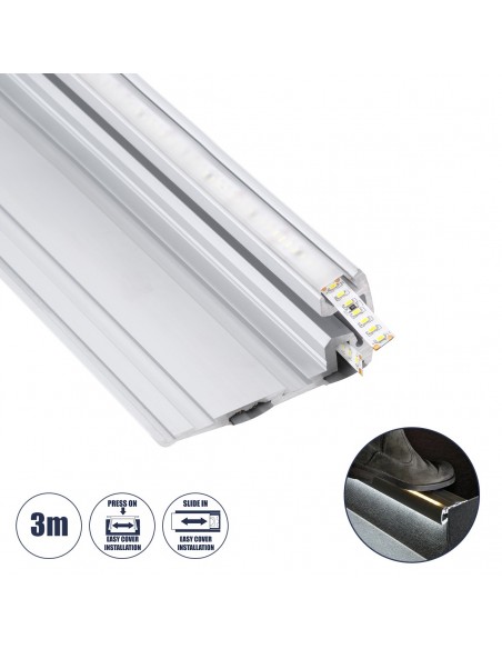 GloboStar® STAIR-PROFILE 70842-3M Προφίλ Αλουμινίου - Βάση & Ψύκτρα Ταινίας LED με Λευκό Γαλακτερό Κάλυμμα - Χρήση σε Σκαλοπάτια - Πατητό Κάλυμμα - Ασημί - 3 Μέτρα - Μ300 x Π8 x Υ3.2cm
