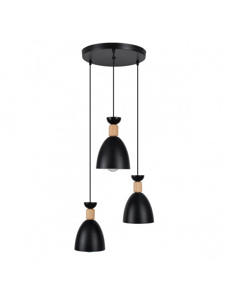 GloboStar® AVA 61572 Μοντέρνο Κρεμαστό Φωτιστικό Οροφής Τρίφωτο 3 x E27 Μαύρο Μεταλλικό Καμπάνα με Ξύλινη Λεπτομέρεια Φ35 x Υ130cm