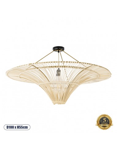 GloboStar® PALERMO 02153 Boho Φωτιστικό Οροφής Μονόφωτο 1 x E27 AC220-240V IP20 - Φ100 x Υ55cm - Μπεζ Ξύλινο Μπαμπού Πλέγμα