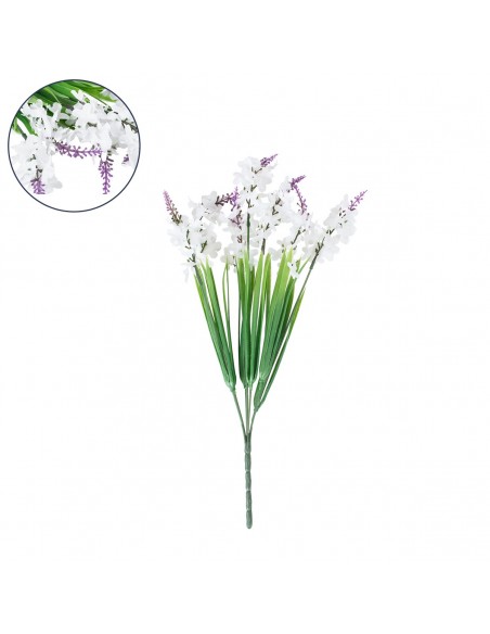 GloboStar® 78202 Τεχνητό Φυτό Μπουκέτο Διακοσμητικών Λουλουδιών με 10 Λευκές και Μωβ Λεβάντες M10 x Υ30 x Π10cm
