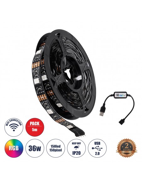 GloboStar® DIGISTRIP 90759 Set RGB Strip - Σετ Ταινίας 5 Μέτρων με Controller & WiFi Mobile APP - LED SMD 5050 36W/5m 150LED/5m 2880lm/m 120° DC 5V με USB 2.0 & WiFi Mobile APP IP20 Πολύχρωμο RGB - Dimmable - Μαύρο Σώμα - Μ500 x Π1 x Υ0.2cm - Συσκευασία 5 Μέτρων - 2 Χρόνια Εγγύηση