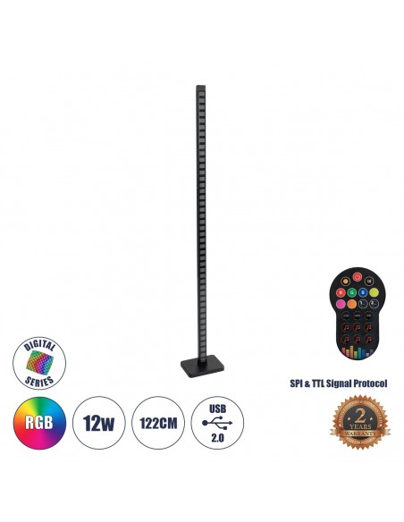 GloboStar® DIGICOLUMN 90762 Μοντέρνο Επιδαπέδιο Φωτιστικό Γραφείου Digital Pixel Rhythm Music Bar LED 12W 960lm 90° DC 5V με USB 2.0 IP20 - Εναλλαγή Φωτισμού μέσω Τηλεχειριστηρίου - Πολύχρωμο RGB - Dimmable - Μαύρο - Μ3.4 x Π2.5 x Υ122cm - 2 Χρόνια Εγγύηση