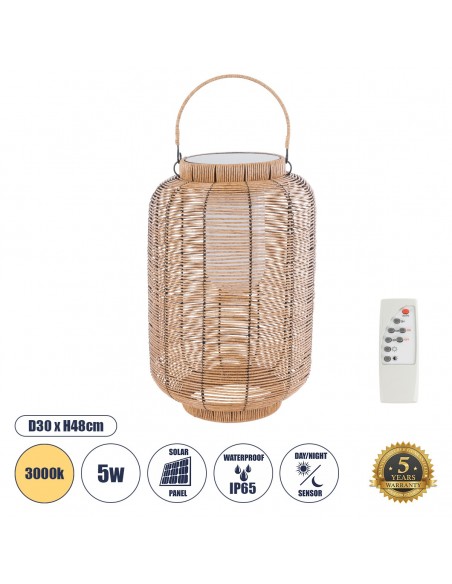 GloboStar® GRAMBIAN 02304 Boho Αυτόνομο Ηλιακό Κρεμαστό/Επιτραπέζιο Φωτιστικό Φαναράκι LED SMD 5W 200lm - Φ30 x Υ48cm - με Ενσωματωμένη Μπαταρία 600mAh - Φωτοβολταϊκό Πάνελ και Αισθητήρα Ημέρας-Νύχτας με Ασύρματο Χειριστήριο IR Μπεζ Μπαμπού Αδιάβροχο IP65 Θερμό Λευκό 3000K