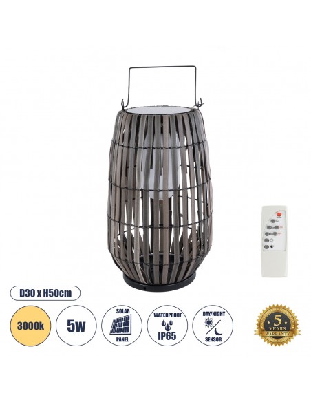 GloboStar® NETLEY 02306 Boho Αυτόνομο Ηλιακό Κρεμαστό/Επιτραπέζιο Φωτιστικό Φαναράκι LED SMD 5W 200lm - Φ30 x Υ50cm - με Ενσωματωμένη Μπαταρία 600mAh - Φωτοβολταϊκό Πάνελ και Αισθητήρα Ημέρας-Νύχτας με Ασύρματο Χειριστήριο IR Γκρι Μπαμπού Αδιάβροχο IP65 Θερμό Λευκό 3000K
