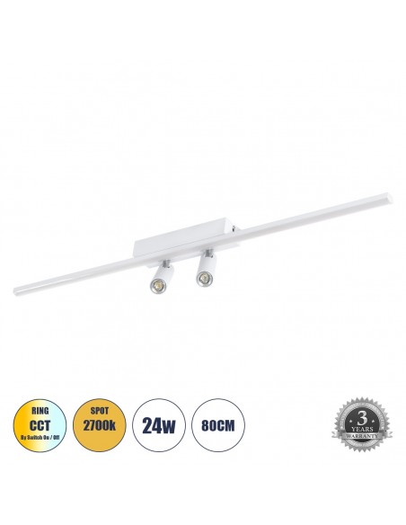 GLOBOSTAR® BARETTI 61227 Φωτιστικό Οροφής Linear Design LED CCT με Κινούμενα Σποτ LED Downlight 24W 2688lm 160° & 45° AC 220-240V IP20  - Εναλλαγή Φωτισμού μέσω Διακόπτη On/Off All In One Ψυχρό 6000k+Φυσικό 4500k+Θερμό 2700k Dimmable - Μ80 x Π5.5 x Υ5 cm - Λευκό - 3 Χρόνια Εγγύηση