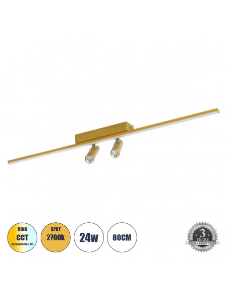 GLOBOSTAR® BARETTI 61228 Φωτιστικό Οροφής Linear Design LED CCT με Κινούμενα Σποτ LED Downlight 24W 2688lm 160° & 45° AC 220-240V IP20  - Εναλλαγή Φωτισμού μέσω Διακόπτη On/Off All In One Ψυχρό 6000k+Φυσικό 4500k+Θερμό 2700k Dimmable - Μ80 x Π5.5 x Υ5 cm - Χρυσό - 3 Χρόνια Εγγύηση