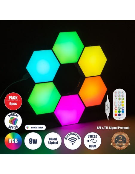 GloboStar® DIGIOCTA 90448 Σετ 6 Ψηφιακων LED RGB Φωτιστικών Κυψελών με Ψηφιακό Controller με WiFi Smart APP & Ασύρματο Χειριστήριο RF 2.4Ghz - LED SMD 5050 9W/Σετ 84PIXEL/Σετ 720lm/Σετ 120° DC 5V με USB 2.0 IP20 Πολύχρωμο RGB - Dimmable - Μ10.5 x Π10.5 x Υ3cm Ανά Κυψέλη - 2 Χρόνια Εγγύηση