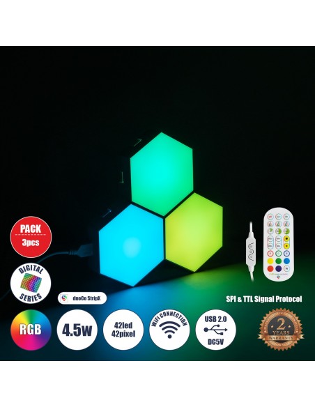 GloboStar® DIGIOCTA 90447 Σετ 3 Ψηφιακων LED RGB Φωτιστικών Κυψελών με Ψηφιακό Controller με WiFi Smart APP & Ασύρματο Χειριστήριο RF 2.4Ghz - LED SMD 5050 4.5W/Σετ 42PIXEL/Σετ 360lm/Σετ 120° DC 5V με USB 2.0 IP20 Πολύχρωμο RGB - Dimmable - Μ10.5 x Π10.5 x Υ3cm Ανά Κυψέλη - 2 Χρόνια Εγγύηση
