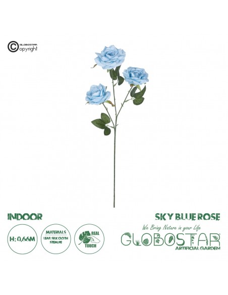 GloboStar® Artificial Garden SKY BLUE CLIMBING ROSE BRANCH 21191 Τεχνητό Διακοσμητικό Κλαδί Τριαντάφυλλο Ξεθωριασμένο Γαλάζιο Y66cm