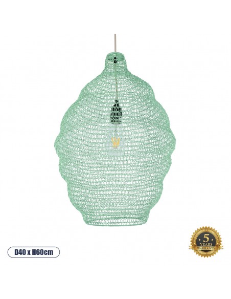 GloboStar® KENTUCKY 01900 Vintage Κρεμαστό Φωτιστικό Οροφής Μονόφωτο 1 x E27 AC220-240V IP20 - Φ40 x Υ60cm - Τιρκουάζ Μεταλλικό Πλέγμα