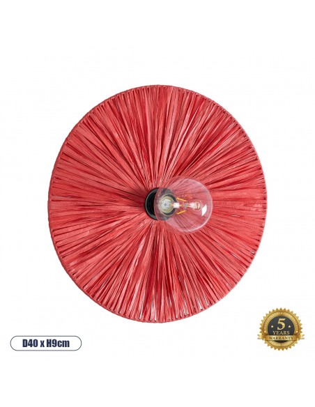GloboStar® COLOMBO 02281 Boho Φωτιστικό Τοίχου - Απλίκα Μονόφωτο 1 x E27 AC 220-240V IP20 - Φ40 x Υ9cm - Κόκκινη Φυσική Ράφια Άχυρο Πλέγμα