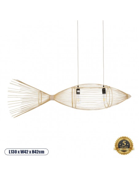 GloboStar® FISH 01927 Μοντέρνο Κρεμαστό Φωτιστικό Οροφής  2 x E27 AC 220-240V IP20 - Μ130 x Π42 x Υ42cm - Μπεζ Ξύλινο Πλέγμα