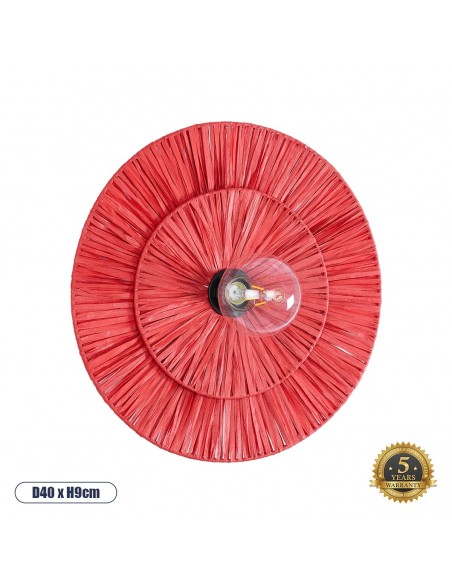 GloboStar® COLOMBO 02282 Boho Φωτιστικό Τοίχου - Απλίκα Μονόφωτο 1 x E27 AC 220-240V IP20 - Φ40 x Υ9cm - Κόκκινη Φυσική Ράφια Άχυρο Πλέγμα