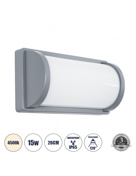 GLOBOSTAR® CELESTIAL 60695 Φωτιστικό Τοίχου - Απλίκα Εσωτερικού/Εξωτερικού Χώρου LED 15W 1575lm 120° AC175-265V Αδιάβροχο IP65 - Πλαστικό Σώμα - Φυσικό λευκό 4500K - Μ26 x Π9 x Υ13.5cm - Γκρι - Bridgelux Chip - 3 Χρόνια Εγγύηση