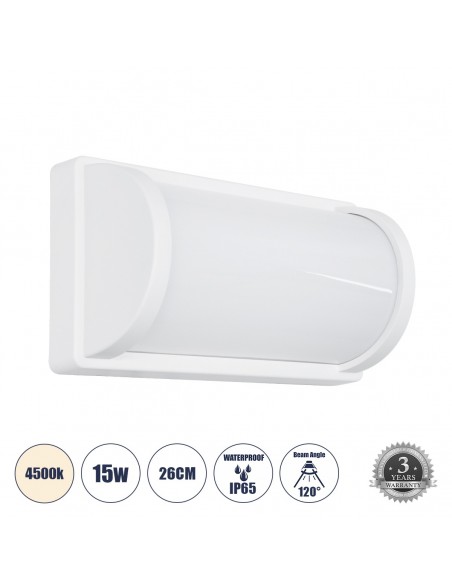 GLOBOSTAR® CELESTIAL 60694  Φωτιστικό Τοίχου - Απλίκα Εσωτερικού/Εξωτερικού Χώρου LED 15W 1575lm 120° AC175-265V Αδιάβροχο IP65 - Πλαστικό Σώμα - Φυσικό λευκό 4500K - Μ26 x Π9 x Υ13.5cm - Λευκό - Bridgelux Chip - 3 Χρόνια Εγγύηση