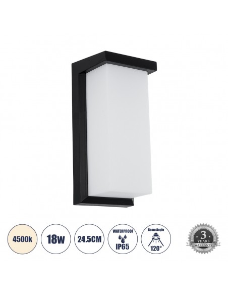 GLOBOSTAR® LOFT 60758 Φωτιστικό Τοίχου - Απλίκα Εσωτερικού/Εξωτερικού Χώρου LED 18W 1890lm 120° AC175-265V Αδιάβροχο IP65 - Πλαστικό Σώμα - Φυσικό λευκό 4500K - Μ24.5 x Π11 x Υ9.5cm - Μαύρο - Bridgelux Chip - 3 Χρόνια Εγγύηση