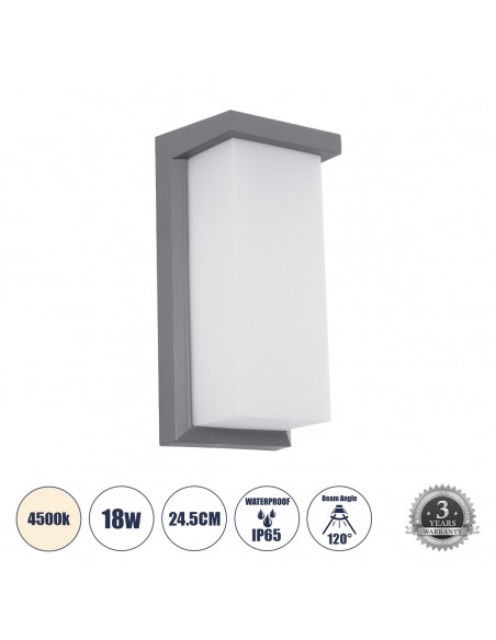 GLOBOSTAR® LOFT 60759 Φωτιστικό Τοίχου - Απλίκα Εσωτερικού/Εξωτερικού Χώρου LED 18W 1890lm 120° AC175-265V Αδιάβροχο IP65 - Πλαστικό Σώμα - Φυσικό λευκό 4500K - Μ24.5 x Π11 x Υ9.5cm -  Γκρι - Bridgelux Chip - 3 Χρόνια Εγγύηση