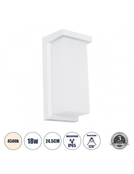 GLOBOSTAR® LOFT 60760 Φωτιστικό Τοίχου - Απλίκα Εσωτερικού/Εξωτερικού Χώρου LED 18W 1890lm 120° AC175-265V Αδιάβροχο IP65 - Πλαστικό Σώμα - Φυσικό λευκό 4500K - Μ24.5 x Π11 x Υ9.5cm - Λευκό - Bridgelux Chip - 3 Χρόνια Εγγύηση