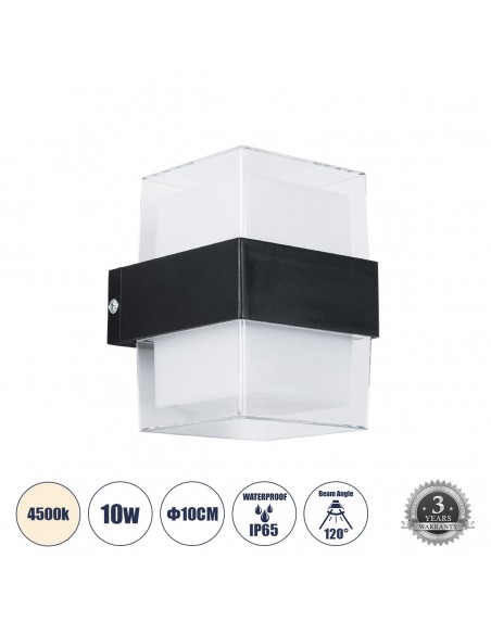 GLOBOSTAR® EMPIRE 60778  Φωτιστικό Τοίχου - Απλίκα Εσωτερικού/Εξωτερικού Χώρου LED 10W 1050lm 120° AC175-265V Αδιάβροχο IP65 - Πλαστικό Σώμα - Φυσικό λευκό 4500K - Μ10.5 x Π9 x Υ13cm - Μαύρο - Bridgelux Chip - 3 Χρόνια Εγγύηση