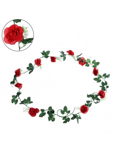 GloboStar® 78129 Τεχνητό Κρεμαστό Φυτό Διακοσμητική Γιρλάντα Λουλουδιών με 10 Κόκκινα Τριαντάφυλλα & Πράσινο Φύλλωμα M20 x Υ220 x Π20cm