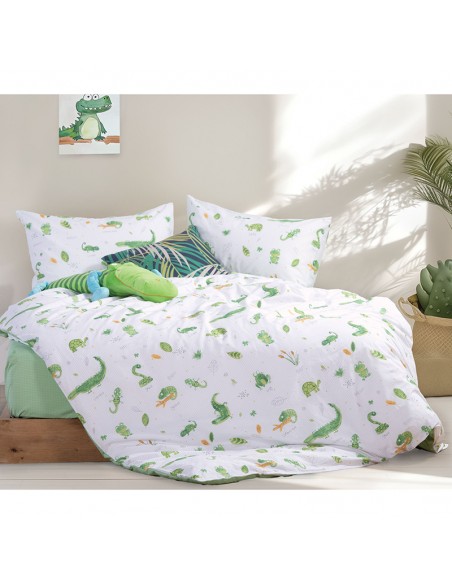Σετ Σεντόνια Παιδικά 170X260 Cute Reptiles White/Green
