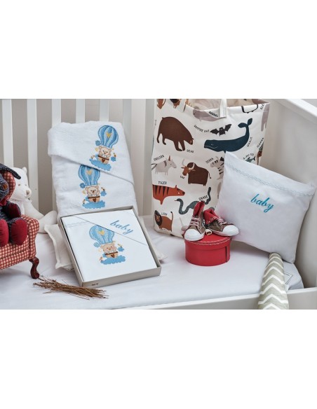 Σεντόνια Σετ Λευκό με Κέντημα Baloon Blue - (2x 120x160 + 1 μαξ. 30x40)