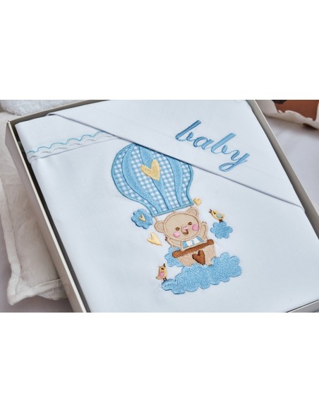 Σεντόνια Σετ Λευκό με Κέντημα Baloon Blue - (2x 120x160 + 1 μαξ. 30x40)