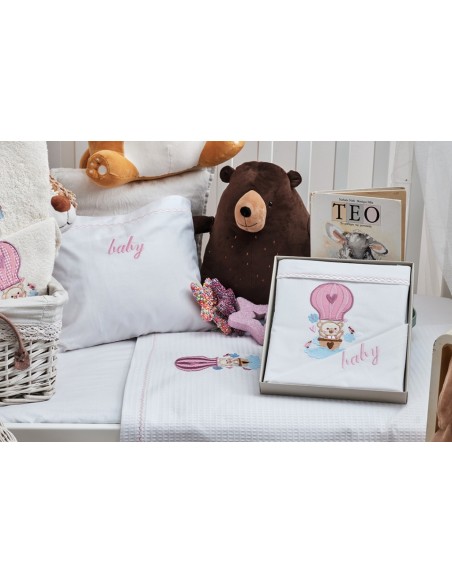 Σεντόνια Σετ Λευκό με Κέντημα Baloon Pink - (2x 120x160 + 1 μαξ. 30x40)