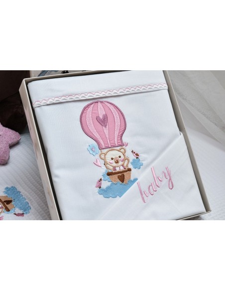 Σεντόνια Σετ Λευκό με Κέντημα Baloon Pink - (2x 120x160 + 1 μαξ. 30x40)