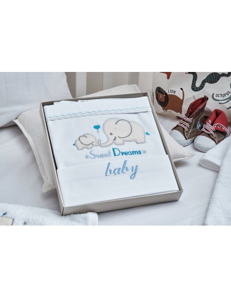 Σεντόνια Σετ Λευκό με Κέντημα Elephant Blue - (2x 120x160 + 1 μαξ. 30x40)