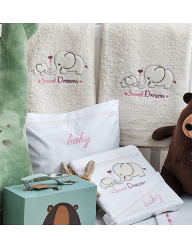 Σεντόνια Σετ Λευκό με Κέντημα Elephant Pink -...