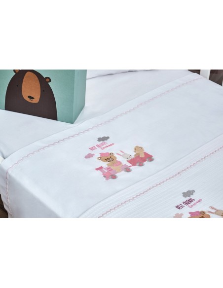 Σεντόνια Σετ Λευκό με Kέντημα Train Pink - (2x 120x160 + 1 μαξ. 30x40)